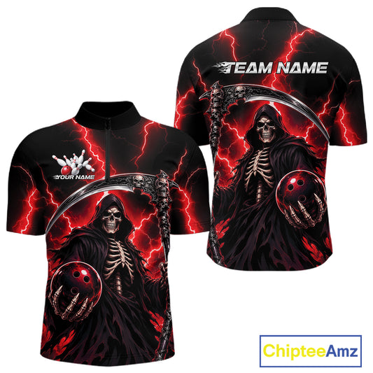 Black short-sleeve athletic jersey with a Grim Reaper bowling graphic, red lightning effects, and customizable text areas on the front and back