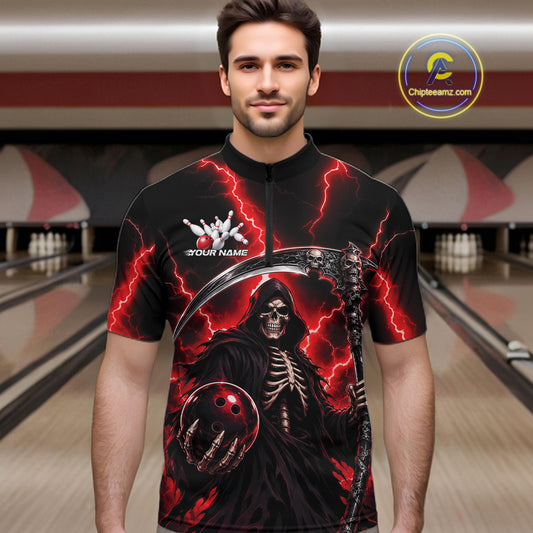 A man wearing a black short-sleeve zip-up bowling shirt with a grim reaper graphic, red lightning, and a bowling ball, set against a bowling alley background. 