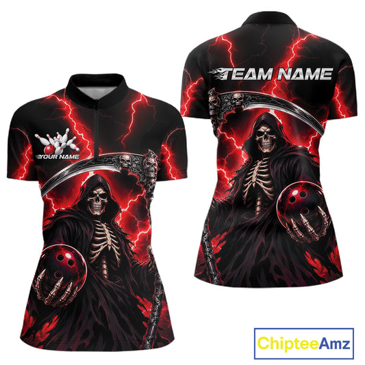 Front and back views of a short-sleeve quarter-zip shirt featuring a Grim Reaper bowling graphic on a black background with red lightning effects. The shirt includes customizable text placeholders 'TEAM NAME' and 'YOUR NAME',