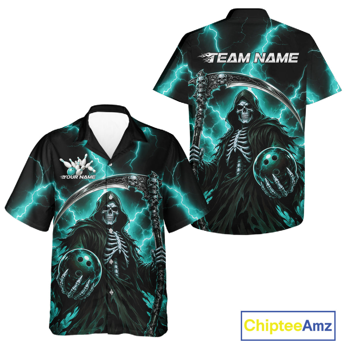 Custom Turquoise Blue Lightning Grim Reaper Skull Bowling Men And Women Hawaiian Shirt, Halloween Outfit IPHW11659