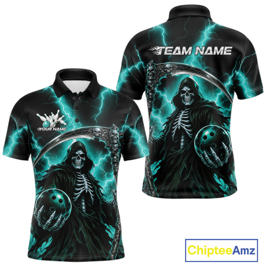 Front and back views of a black short-sleeve polo shirt featuring a Grim Reaper graphic with teal lightning, a scythe, and bowling balls. The front has a white 'YOUR NAME' placeholder on the chest, and the back has 'TEAM NAME' placeholder text.