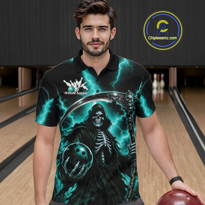 Custom Turquoise Blue Lightning Grim Reaper Skull Bowling Men Polo Shirt, Halloween Outfit IPHW11659