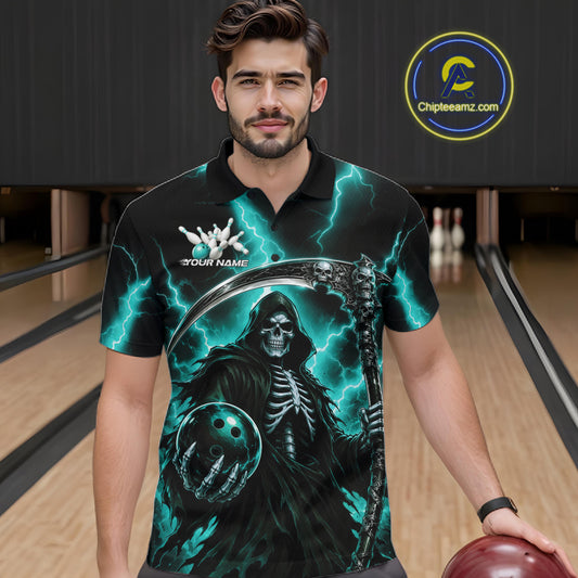 A man wearing a black short-sleeve bowling shirt with a detailed grim reaper graphic featuring a skeleton, scythe, and glowing teal lightning. The shirt has a white logo on the left chest that reads 'YOUR NAME' 