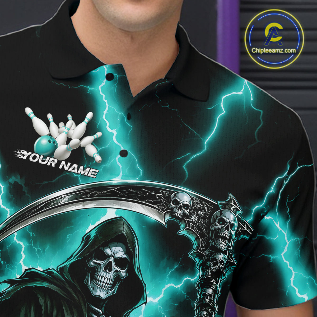 Custom Turquoise Blue Lightning Grim Reaper Skull Bowling Men Polo Shirt, Halloween Outfit IPHW11659