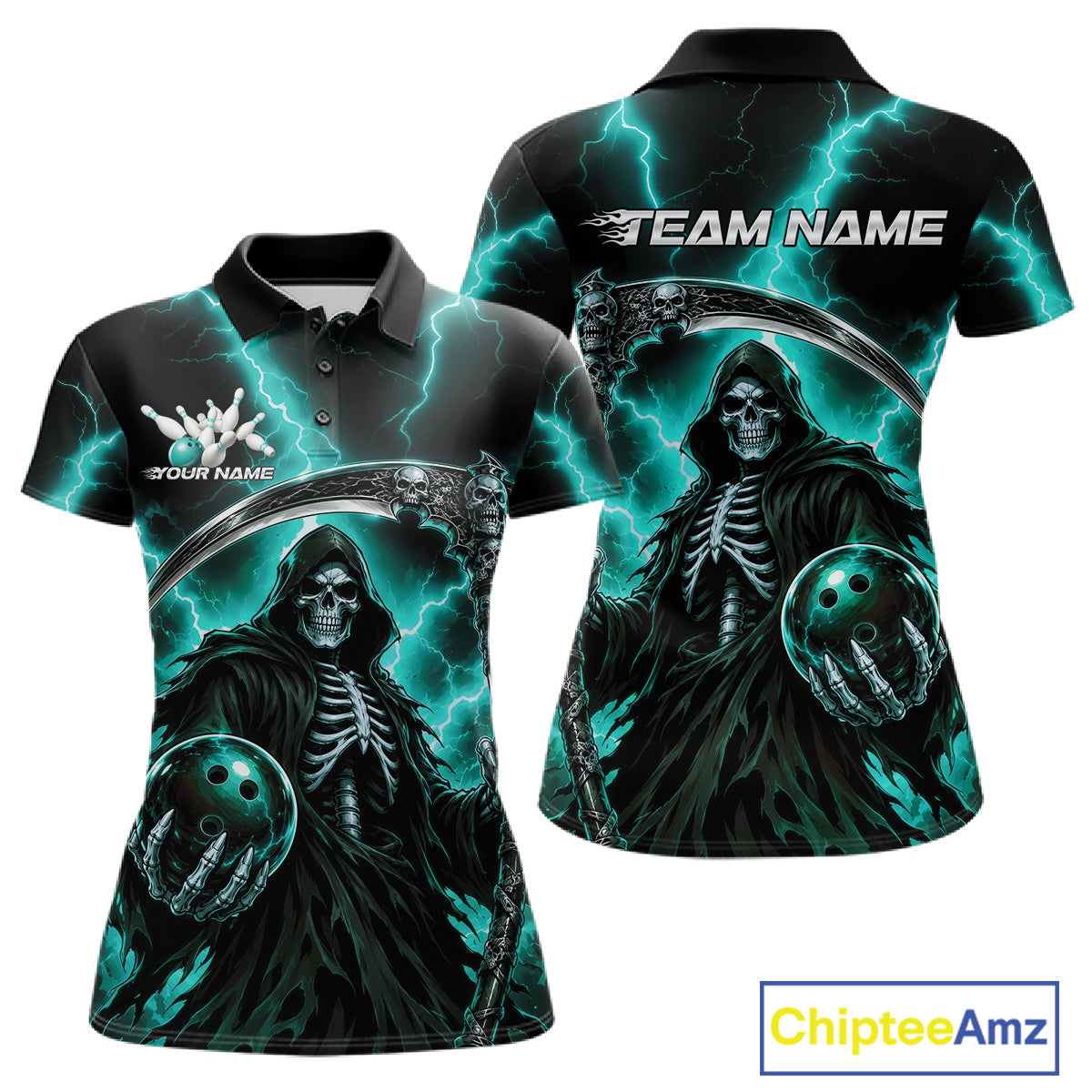 Custom Turquoise Blue Lightning Grim Reaper Skull Bowling Women Polo Shirt, Halloween Outfit IPHW11659