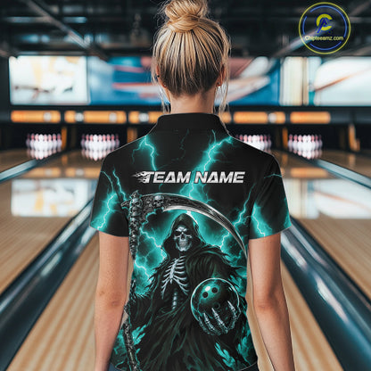 Custom Turquoise Blue Lightning Grim Reaper Skull Bowling Women Polo Shirt, Halloween Outfit IPHW11659