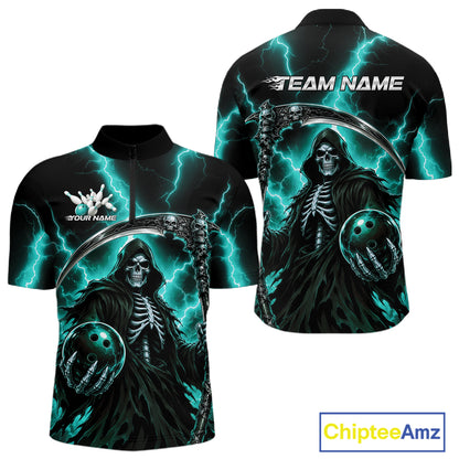 Custom Turquoise Blue Lightning Grim Reaper Skull Bowling Men Quarter Zip Shirt IPHW11659
