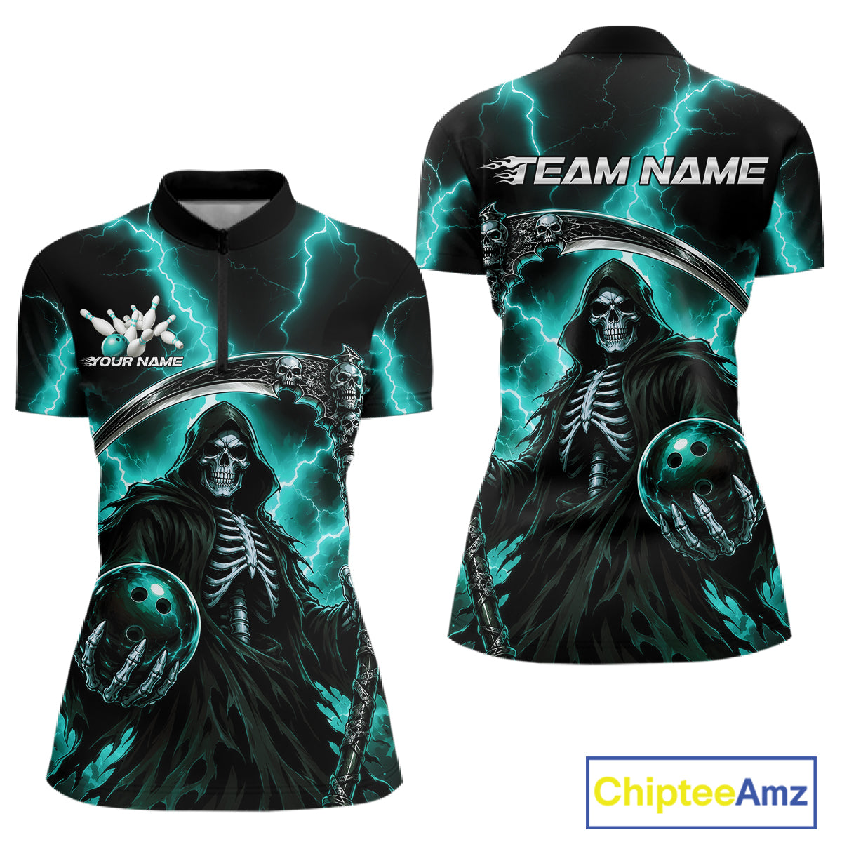Custom Turquoise Blue Lightning Grim Reaper Skull Bowling Women Shirt, Halloween Outfit IPHW11659