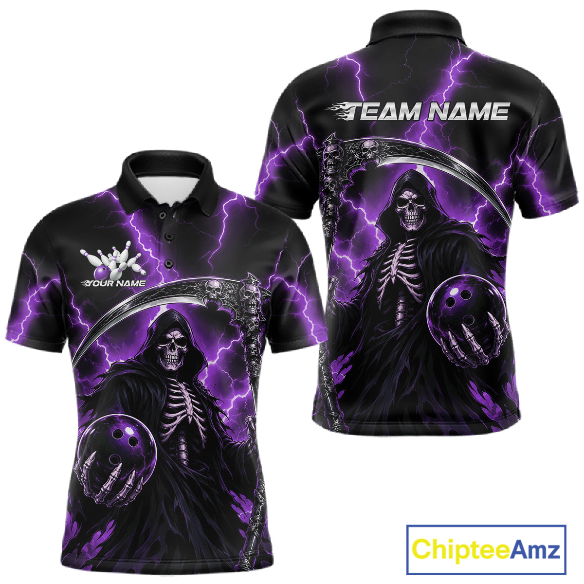 Custom Purple Thunder Lightning Grim Reaper Skull Bowling Men Polo Shirt, Halloween Outfit IPHW11660