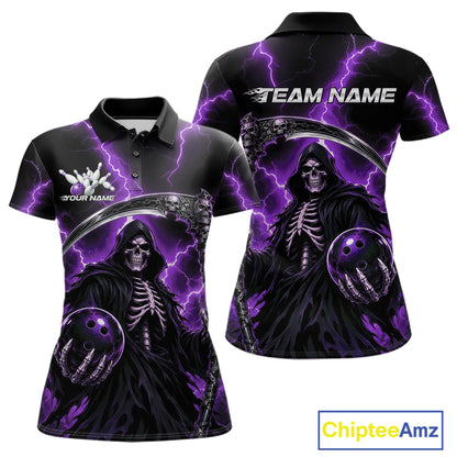 Custom Purple Thunder Lightning Grim Reaper Skull Bowling Women Polo Shirt, Halloween Outfit IPHW11660
