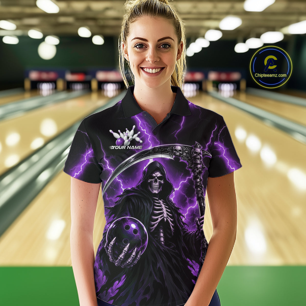 Custom Purple Thunder Lightning Grim Reaper Skull Bowling Women Polo Shirt, Halloween Outfit IPHW11660