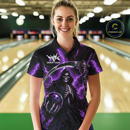 Custom Purple Thunder Lightning Grim Reaper Skull Bowling Women Polo Shirt, Halloween Outfit IPHW11660