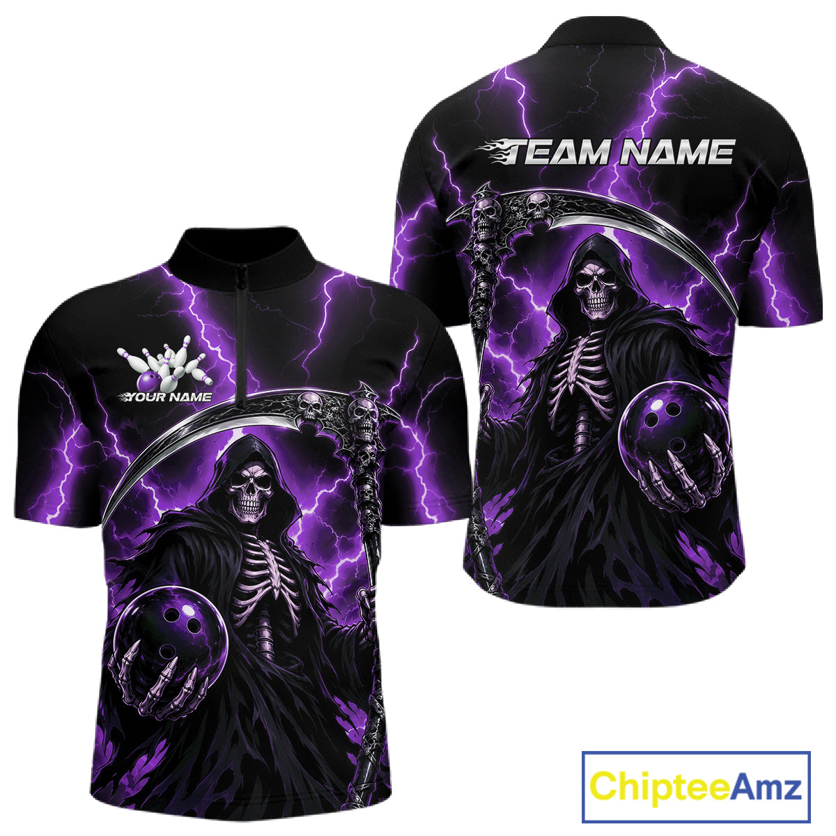 Custom Purple Lightning Grim Reaper Skull Bowling Men Quarter Zip Shirt, Halloween Outfit IPHW11660