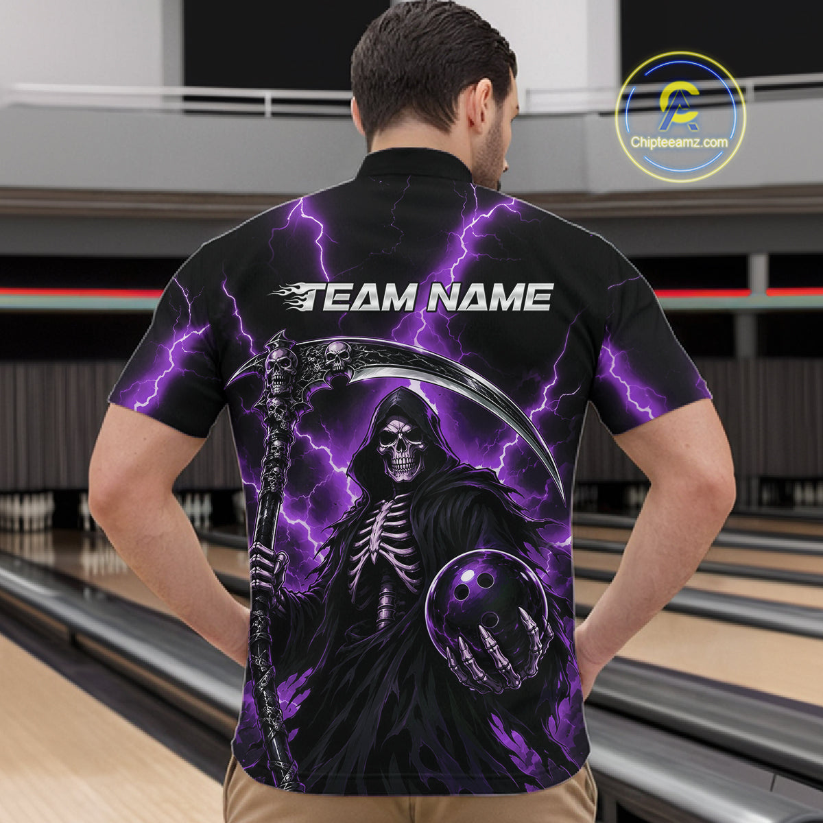 A man viewed from behind wearing a black short-sleeve bowling shirt with a large grim reaper graphic, purple lightning, and the text 'TEAM NAME' across the back. Bowling lanes are visible in the background, and a circular 'Chileteams.