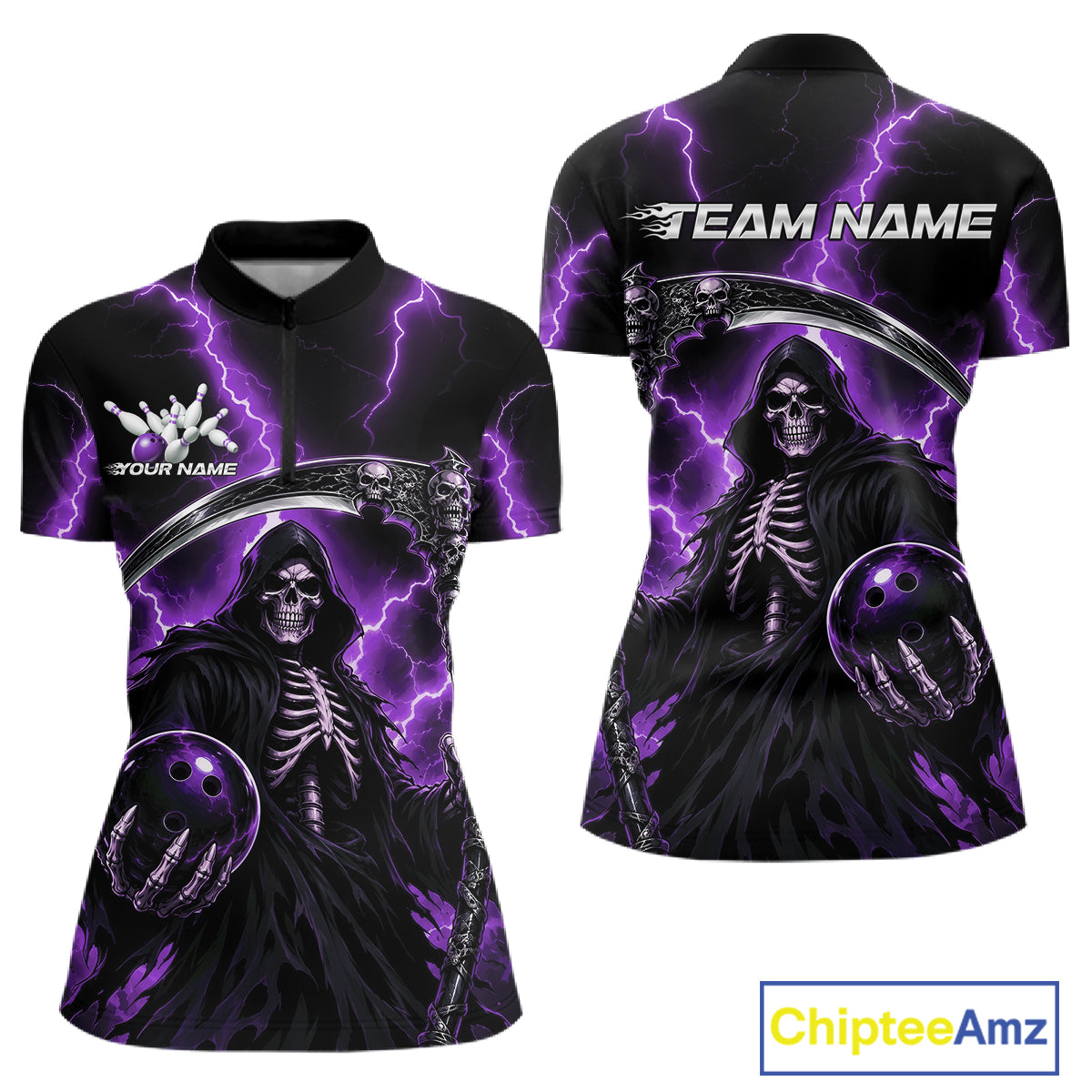 Custom Purple Thunder Lightning Grim Reaper Skull Bowling Women Shirt, Halloween Outfit IPHW11660