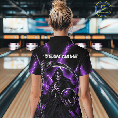 A woman viewed from behind wearing a black short-sleeve bowling shirt with a purple lightning design and a grim reaper graphic holding a bowling ball. The shirt has 'TEAM NAME' printed across the upper back.