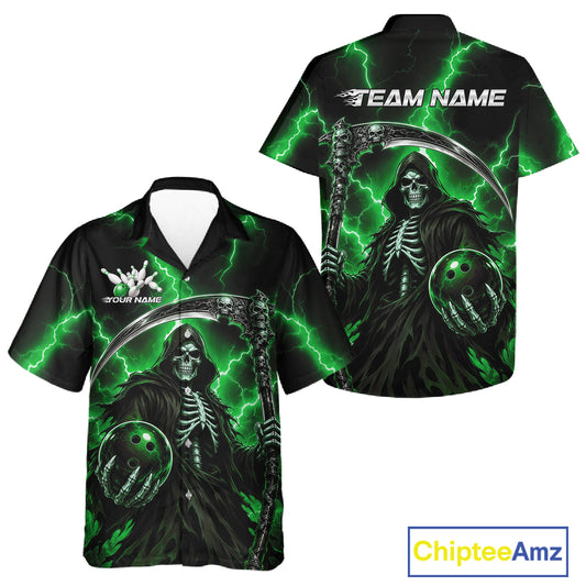 Custom short-sleeve button-up shirt shown from the front and back, featuring a black and green Grim Reaper graphic with lightning, a skull, and customizable text fields on the chest and back.