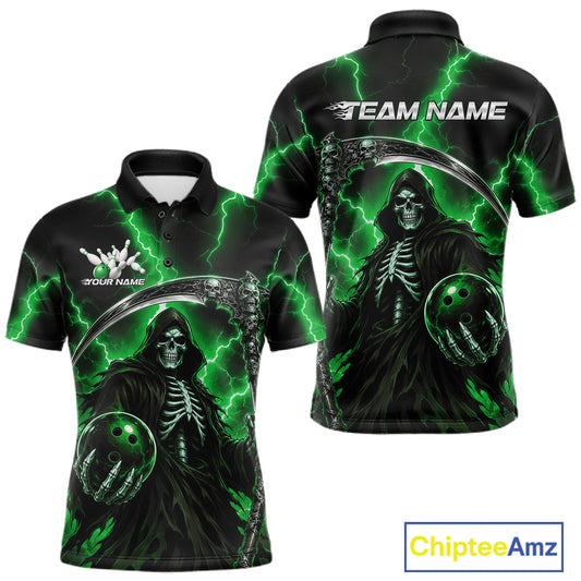 Black short-sleeve polo shirt with a Grim Reaper and bowling ball graphic, shown in front and back views on a white background. Features green lightning effects, customizable text placeholders