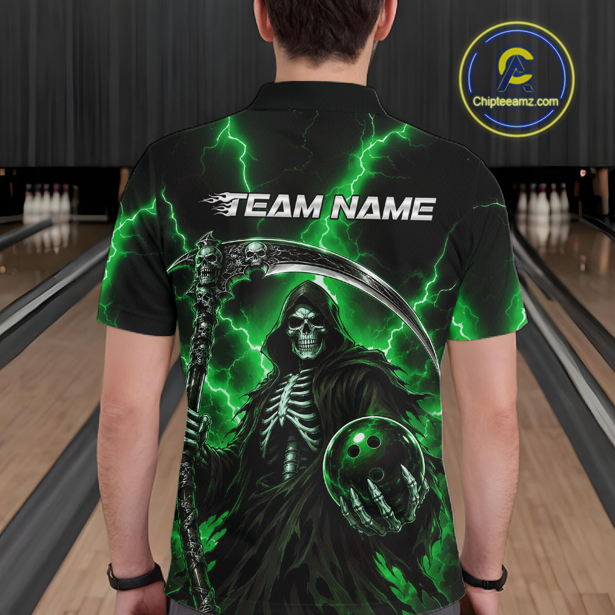 A man viewed from behind wearing a black short-sleeve bowling shirt with a large graphic of the Grim Reaper, green lightning, and the text 'TEAM NAME'. 