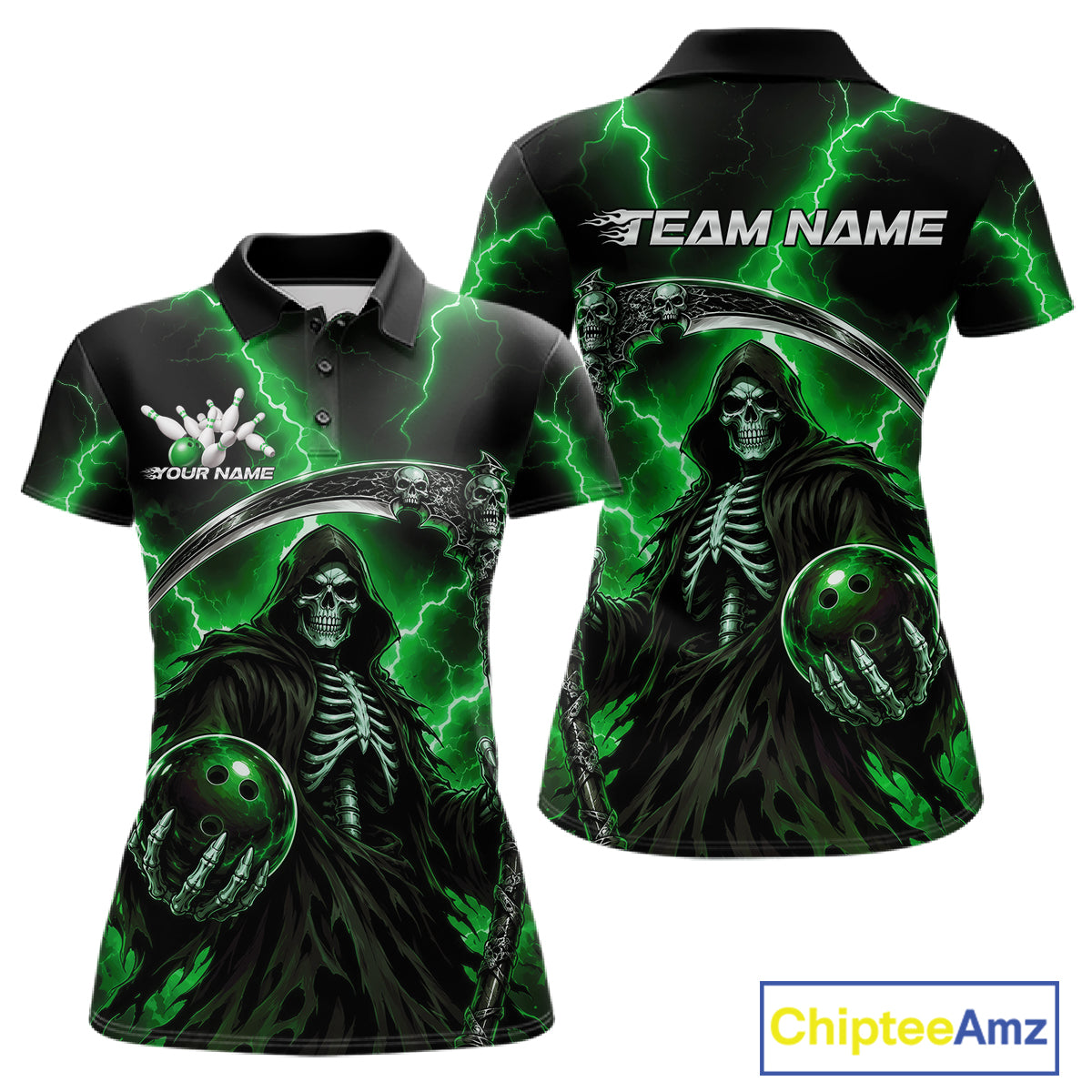 Customizable black polo shirt with a green and black Grim Reaper bowling graphic, shown in front and back views on a white background with a ChipteeAmz logo in the corner.