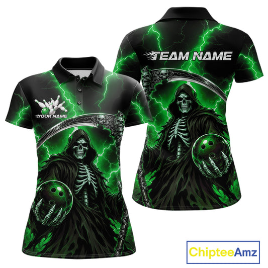 Customizable womens black polo shirt with a green and black Grim Reaper bowling graphic, shown in front and back views 
