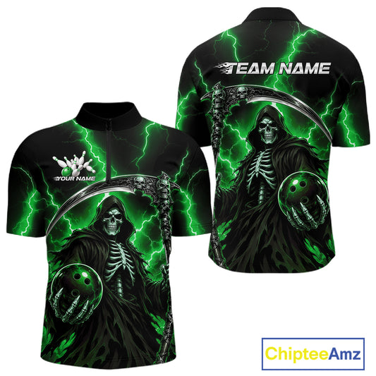 Black short-sleeve quarter-zip shirt with a Grim Reaper and bowling ball graphic, featuring green lightning effects and customizable text areas on the front and back, shown from both front and back views.