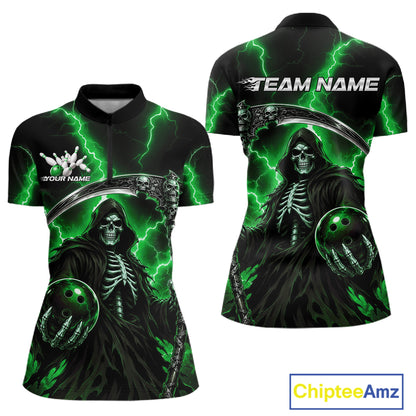 Custom Green Thunder Lightning Grim Reaper Skull Bowling Women Shirts, Halloween Outfit IPHW11661