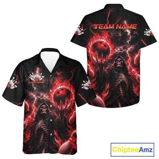 Black short-sleeve button-up shirt with a red and black horror-themed graphic print featuring a hooded figure, bowling balls, and lightning. The front and back views are shown on a white background, with 'TEAM NAME' placeholder text on the back