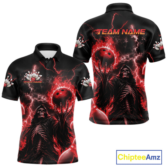 Front and back views of a black short-sleeve polo shirt with a red and black horror-themed graphic print featuring a hooded figure, red bowling balls, lightning, and customizable text reading TEAM NAME. 