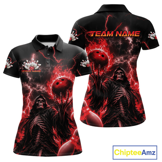 A women's short-sleeve polo shirt shown from the front and back on a white background. The shirt features a dark, horror-themed graphic with a skeletal figure, red bowling balls, red lightning, and the text 'TEAM NAME' on the back
