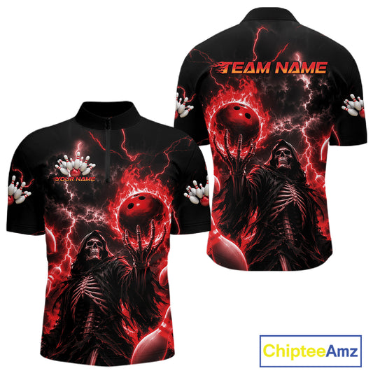 Black short-sleeve polo shirt shown from front and back with a red and black bowling-themed graphic featuring a skeletal figure, bowling balls, lightning, and white bowling pins. The back has 'TEAM NAME' text and the front has a smaller matching text graphic.