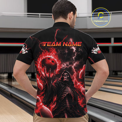 A man viewed from behind wearing a black short-sleeve bowling shirt with a large red and black graphic print featuring a hooded figure, bowling balls, lightning, and the text 'TEAM NAME' across the upper back. Bowling lanes are visible in the background, and a circular 'Chuteamz.