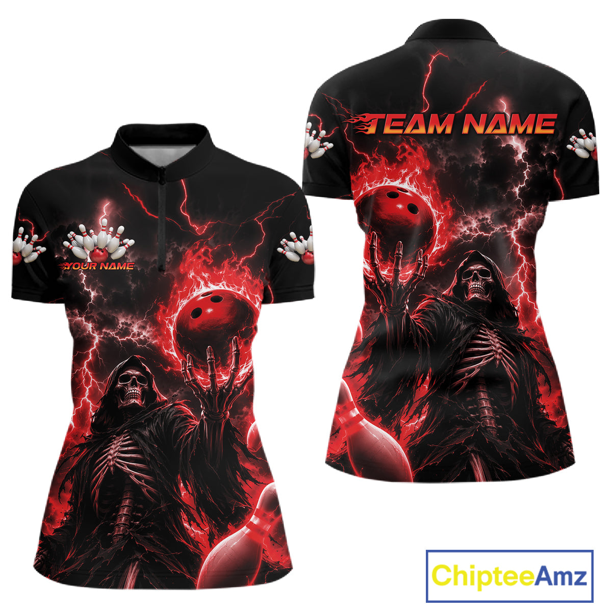 Front and back views of a black short-sleeve polo shirt featuring a red and black horror-themed graphic print with skeletons, bowling balls, lightning, and the text 'TEAM NAME' and 'Custom Name'.
