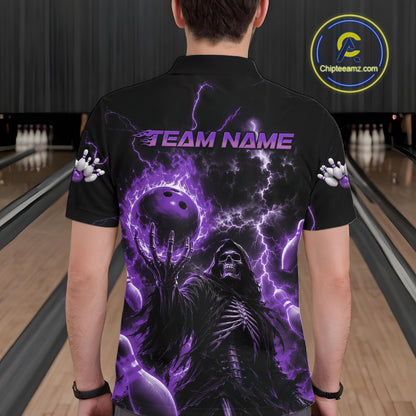 Custom Purple Fire Flame Bowling Grim Reaper Skull Men Polo Shirt, Halloween Bowler Outfit IPHW11663
