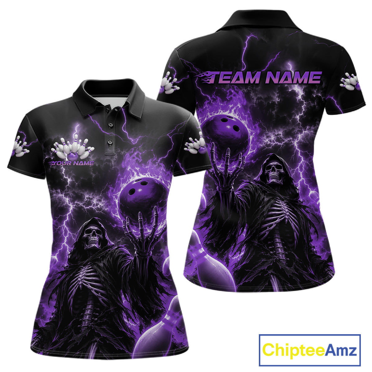 A women's short-sleeve polo shirt shown from the front and back, featuring a dark graphic design with purple lightning, a skeletal figure, bowling balls, and the text 'TEAM NAME' and 'YOUR NAME'.