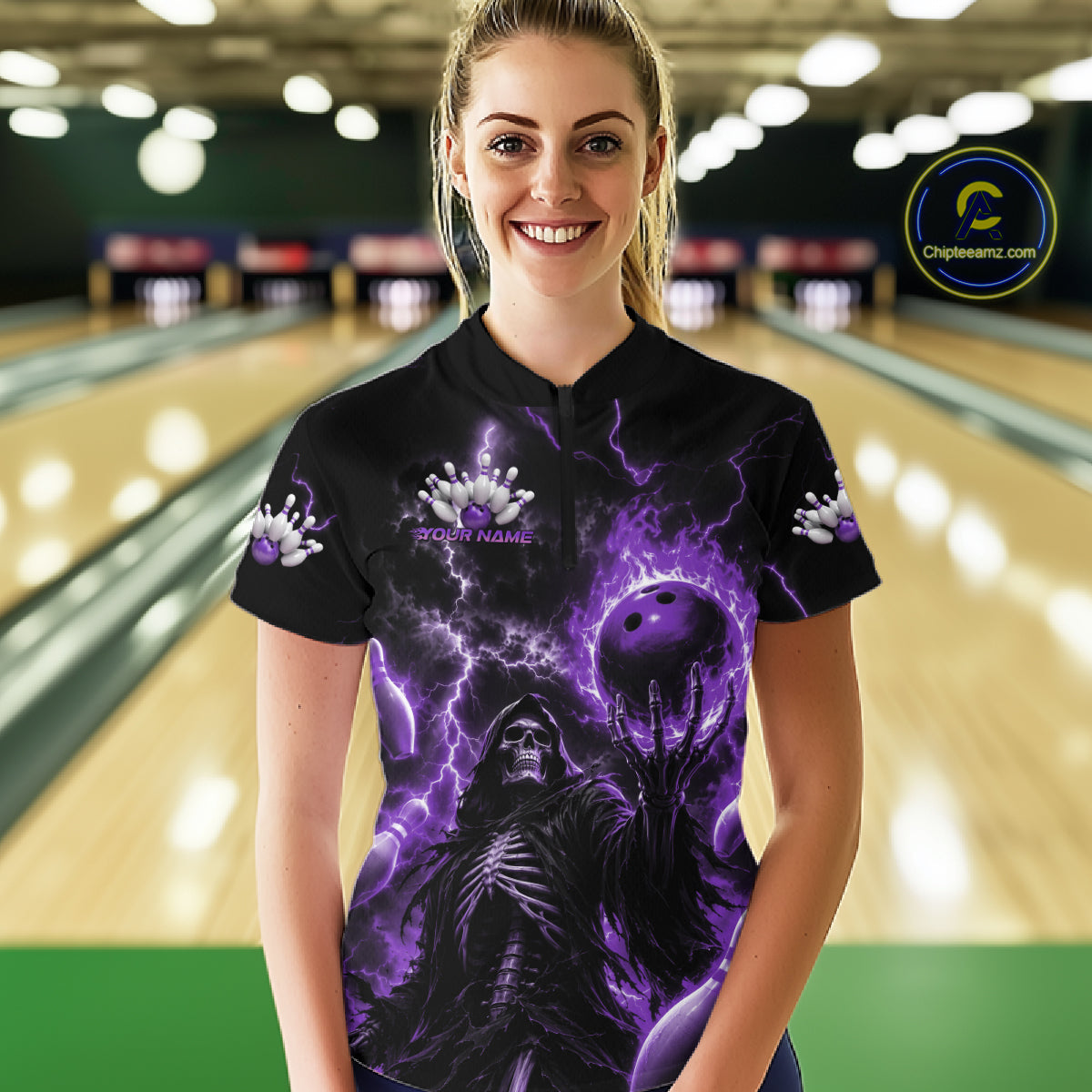 Custom Purple Fire Flame Bowling Grim Reaper Skull Women Shirt, Halloween Bowler Outfit IPHW11663