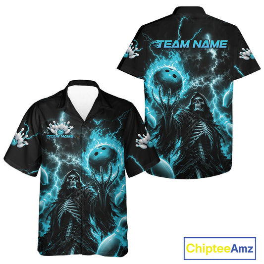 Black short-sleeve button-up shirt shown from front and back, featuring a vivid blue and black horror graphic of a skeletal figure with bowling balls, lightning effects, and customizable text areas including 'TEAM NAME' and 'YOUR NAME'.