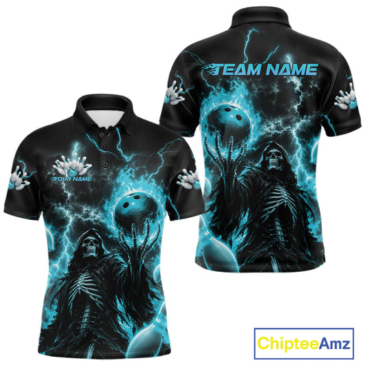Front and back views of a black short-sleeve polo shirt featuring a glowing blue and black bowling-themed graphic with skeletal figures, lightning effects, and customizable text placeholders on the chest and sleeve
