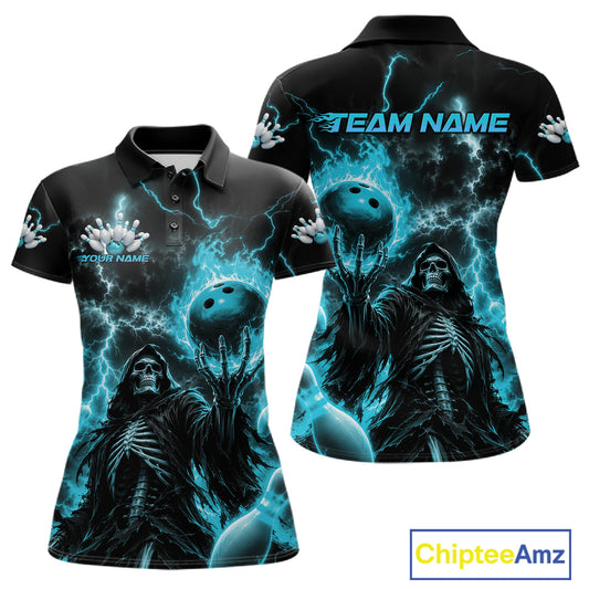 Custom short-sleeve polo shirt shown from the front and back, featuring a black and blue 3D graphic print of a grim reaper skeleton holding a bowling ball surrounded by lightning, with 'TEAM NAME' and 'YOUR NAME' placeholders on the chest and back.