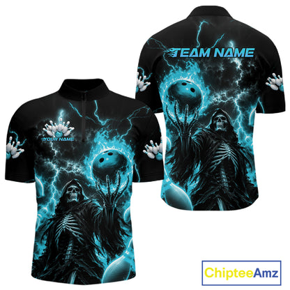 Black short-sleeve shirt shown from front and back with a glowing blue bowling-themed graphic featuring a skeletal figure, lightning effects, and customizable text placeholders. A ChipteeAmz logo appears in the bottom right corner.