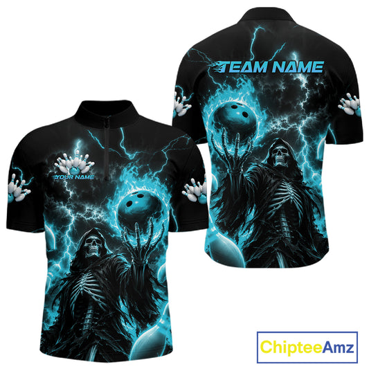 Black short-sleeve shirt shown from front and back with a glowing blue bowling-themed graphic featuring a skeletal figure, lightning effects, and customizable text placeholders. A ChipteeAmz logo appears in the bottom right corner.