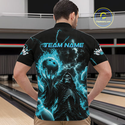 A man viewed from behind wearing a black short-sleeve bowling shirt with a large blue and black graphic print of a ghostly figure holding a bowling ball, lightning effects, and the text 'TEAM NAME' across the upper back.