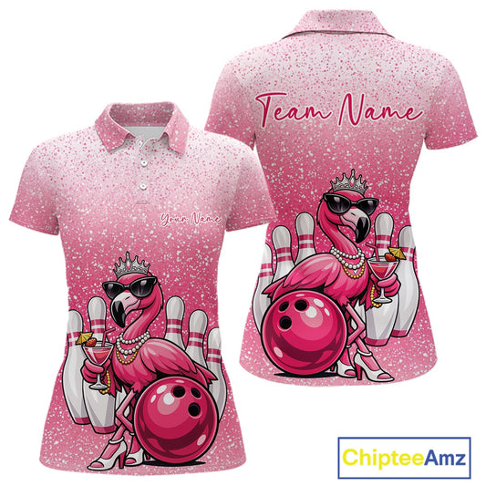 Front and back display of a pink women’s bowling polo shirt featuring a crowned flamingo holding a cocktail while leaning on a bowling ball.