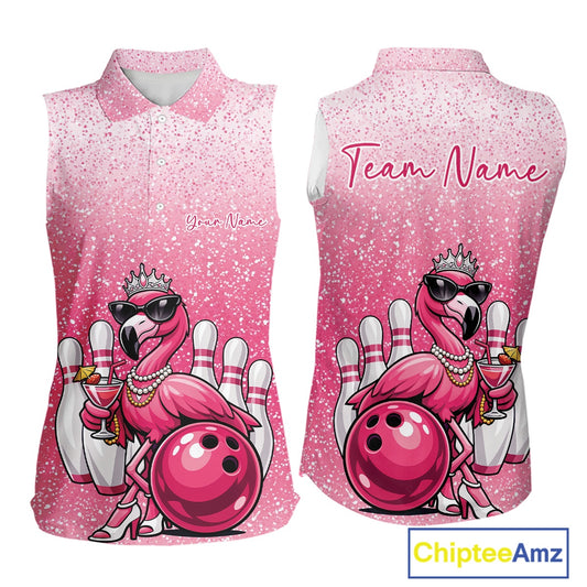 Pink women’s sleeveless bowling shirt displayed from front and back with a crowned flamingo holding a cocktail while leaning on a bowling ball.