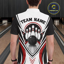 Load image into Gallery viewer, Back view of a male model at a bowling lane wearing a white, black, and red bowling polo shirt with bowling ball and pins graphics.