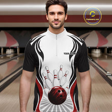 Load image into Gallery viewer, Front view of a male model at the bowling lane wearing a white, black, and red bowling quarter-zip shirt with bowling ball and pins graphics.
