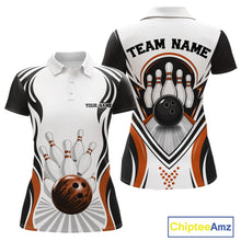 Load image into Gallery viewer, Front and back views of a women's bowling polo shirt mockup featuring bowling ball striking pins artwork in white, black, and orange.