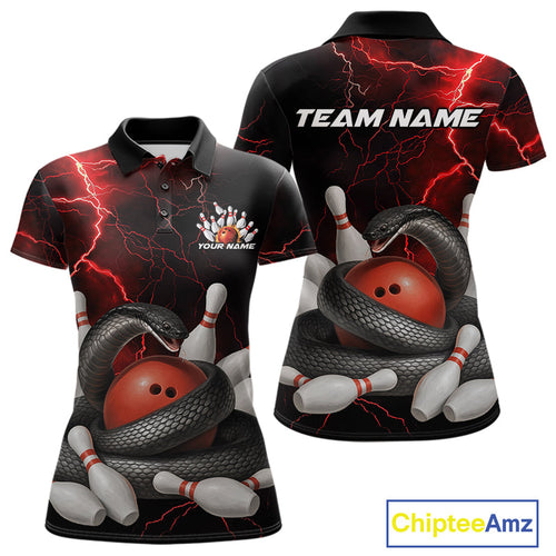 Custom Black And Red Thunder Lightning Black Mamba Snake Bowling Team Women Polo Shirt IPHW10152