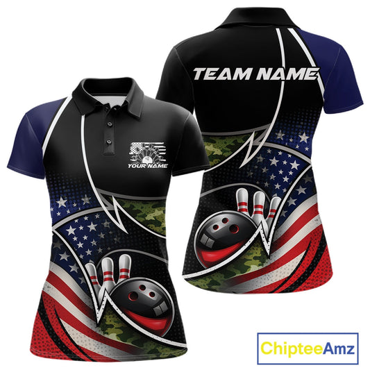 Custom Patriotic US Flag Bowling Team Shirts, Freedom Military Camo Women Bowling Jerseys IPHW10531