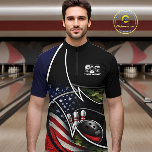 Custom Patriotic US Flag Bowling Team Shirts, Freedom Military Camo Men Bowling Jerseys IPHW10531